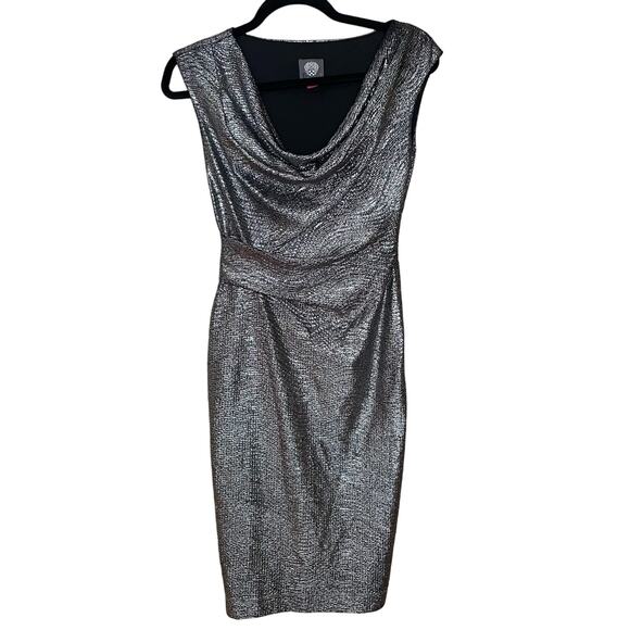 Vince Camuto Womens 0 Silver Metallic Cowl Neck Ruched Cocktail Dress - Picture 2 of 10